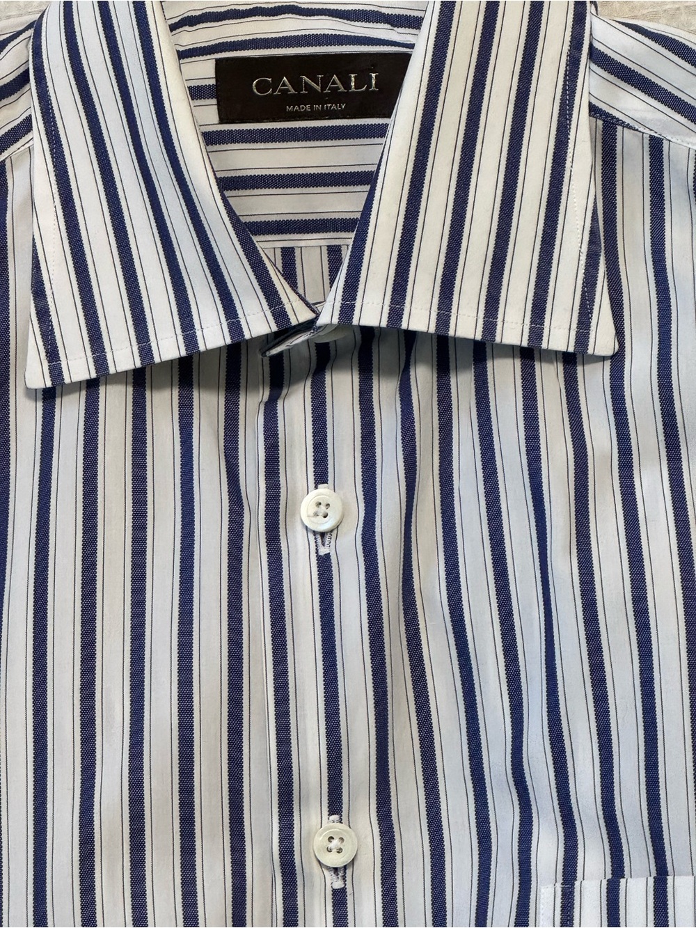 Canali Men's Navy and White Vertical Stripe Dress Shirt